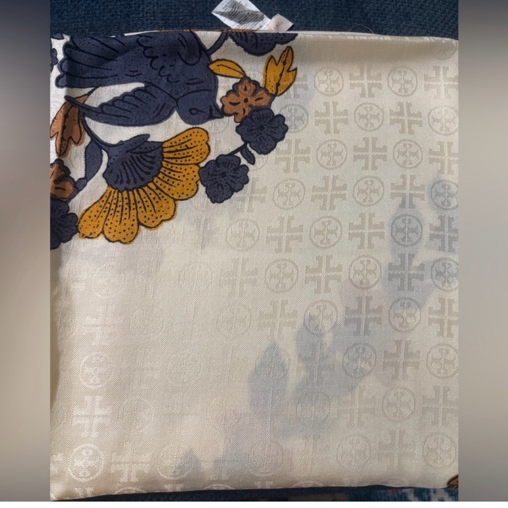 Tory Burch Cream Floral Scarf with Mustard and Navy Blooms - Picture 5 of 5